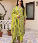 Green printed pure cotton kurta trouser dupatta set