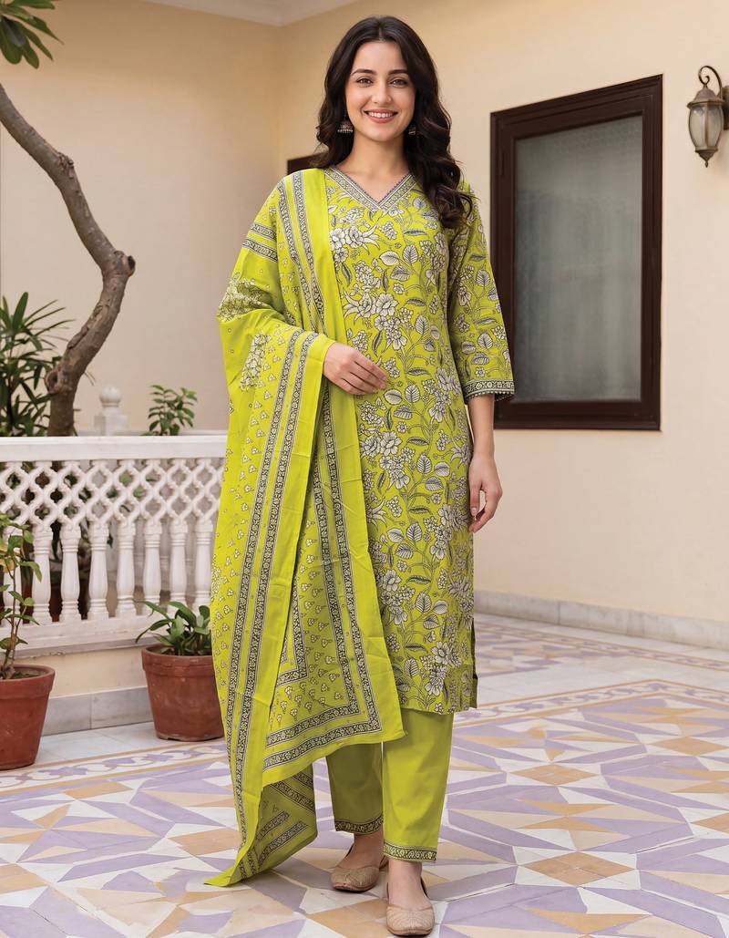 Green printed pure cotton kurta trouser dupatta set