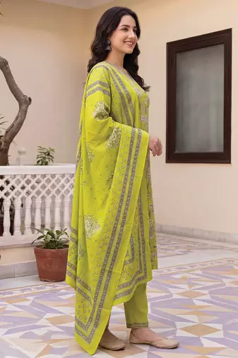 Green printed pure cotton kurta trouser dupatta set