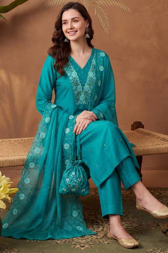 Green embroidered silk blend kurta trouser dupatta set