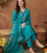 Green embroidered silk blend kurta trouser dupatta set