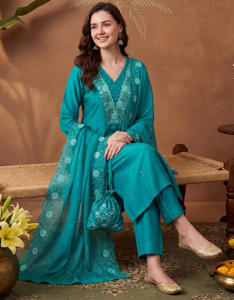 Green embroidered silk blend kurta trouser dupatta set