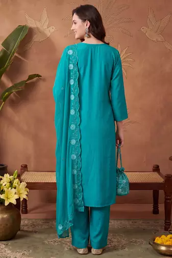 Green embroidered silk blend kurta trouser dupatta set