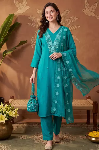 Green embroidered silk blend kurta trouser dupatta set