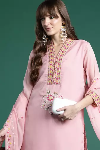 Pink embroidered organza kurta trouser dupatta set