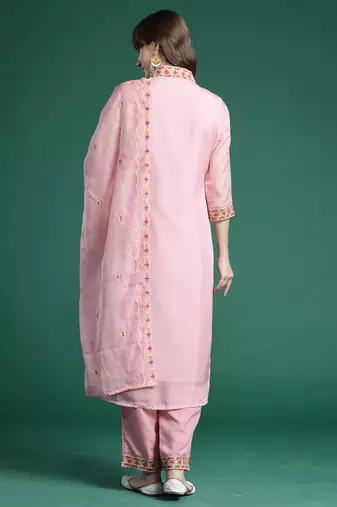 Pink embroidered organza kurta trouser dupatta set