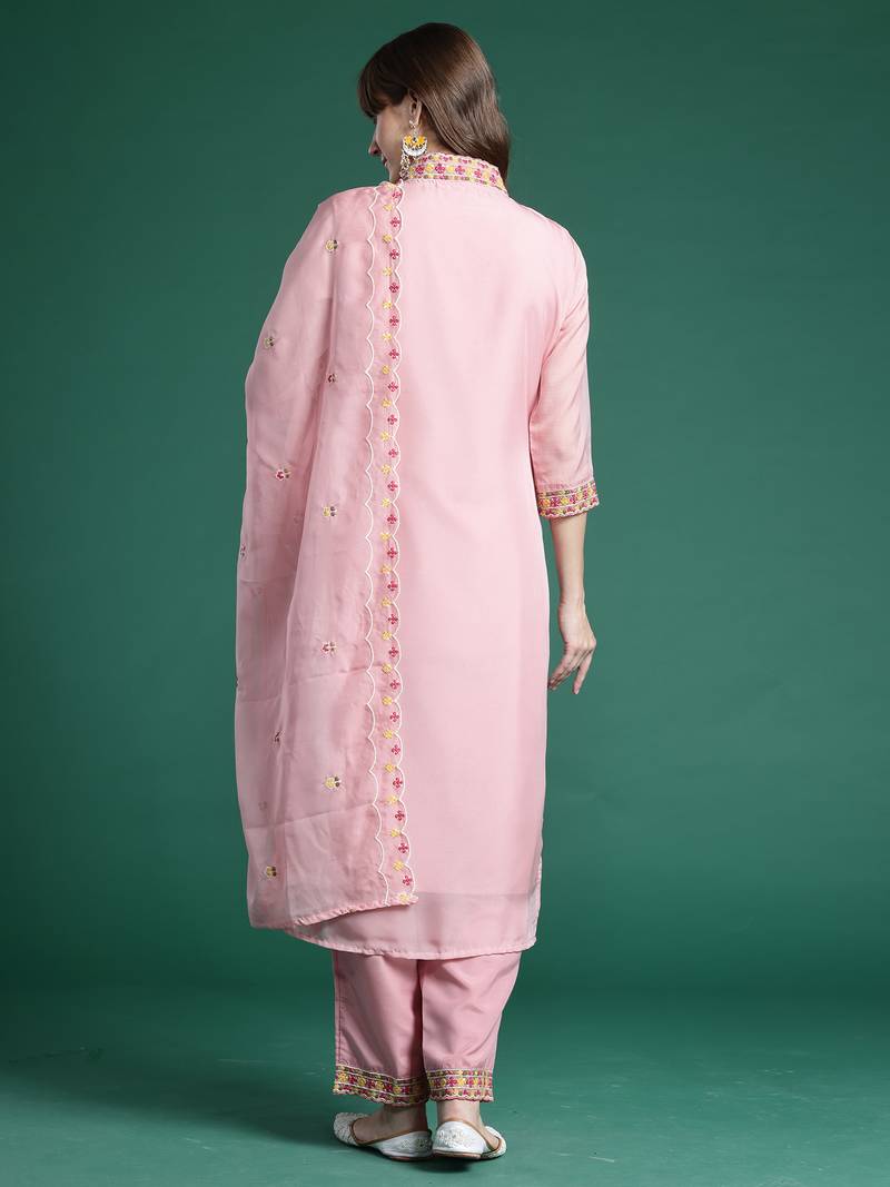 Pink embroidered organza kurta trouser dupatta set