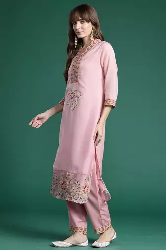 Pink embroidered organza kurta trouser dupatta set