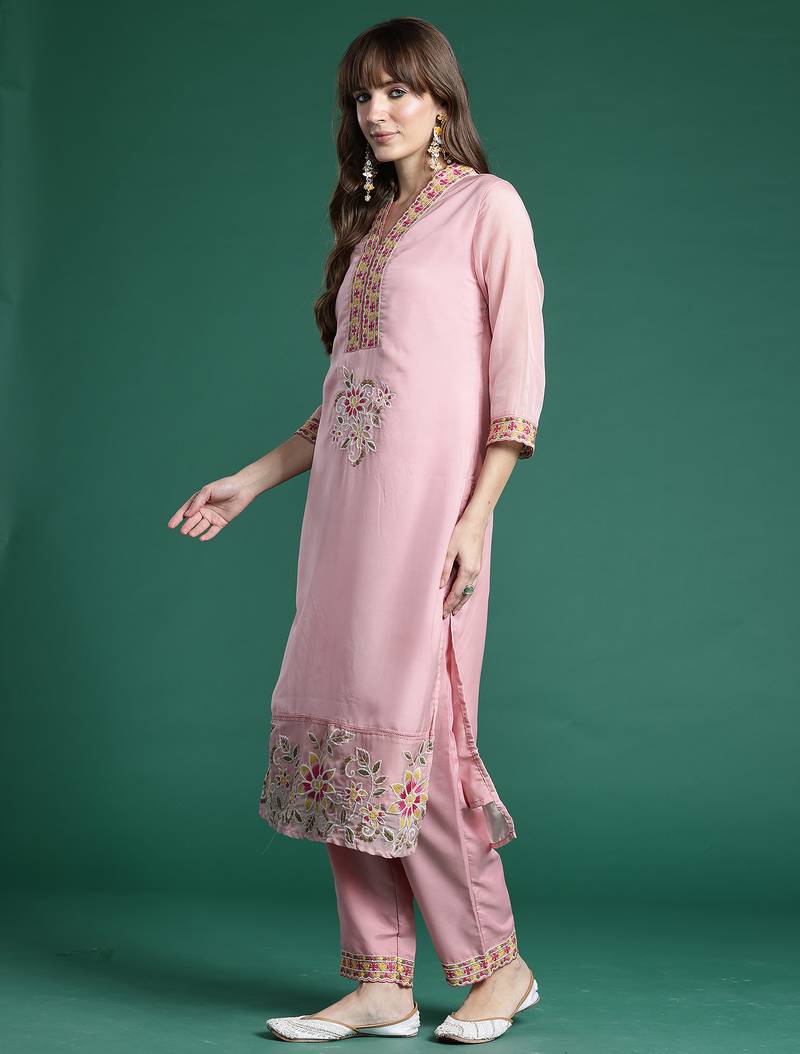 Pink embroidered organza kurta trouser dupatta set
