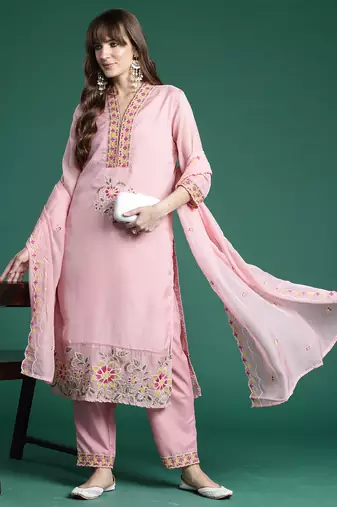 Pink embroidered organza kurta trouser dupatta set