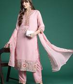 Pink embroidered organza kurta trouser dupatta set