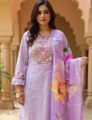 Purple embroidered cotton blend kurta trouser dupatta set 2