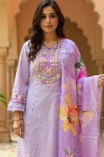 Purple embroidered cotton blend kurta trouser dupatta set