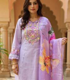 Purple embroidered cotton blend kurta trouser dupatta set