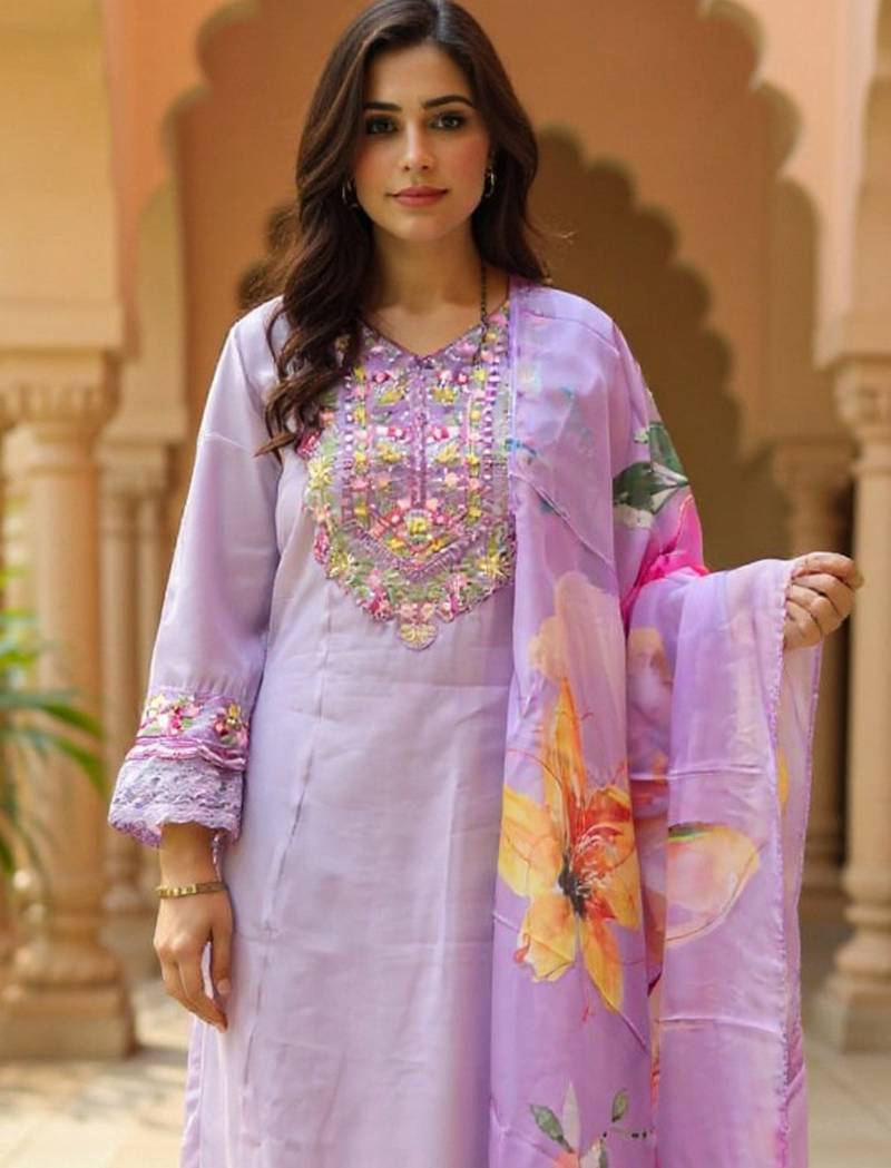Purple embroidered cotton blend kurta trouser dupatta set