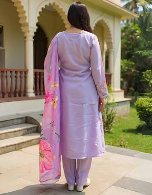 Purple embroidered cotton blend kurta trouser dupatta set 3