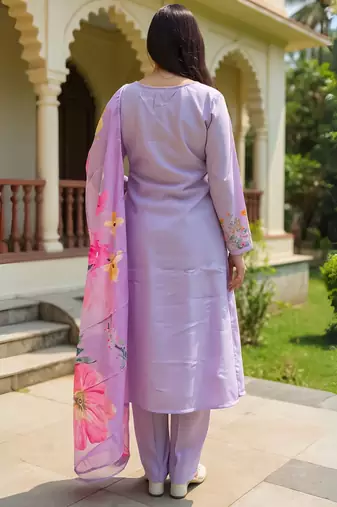 Purple embroidered cotton blend kurta trouser dupatta set