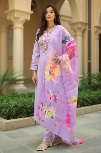 Purple embroidered cotton blend kurta trouser dupatta set