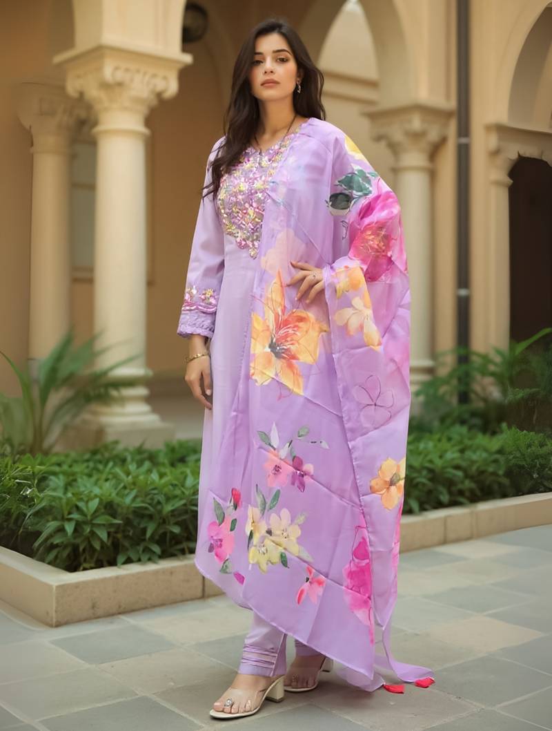 Purple embroidered cotton blend kurta trouser dupatta set