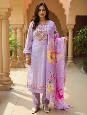 Purple embroidered cotton blend kurta trouser dupatta set 1