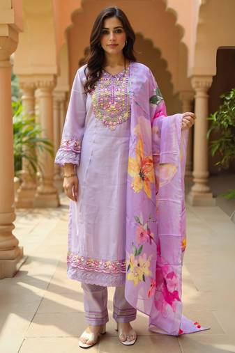 Purple embroidered cotton blend kurta trouser dupatta set