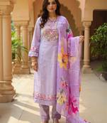 Purple embroidered cotton blend kurta trouser dupatta set