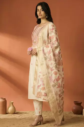 Off white embroidered silk blend kurta trouser dupatta set