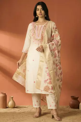 Off white embroidered silk blend kurta trouser dupatta set