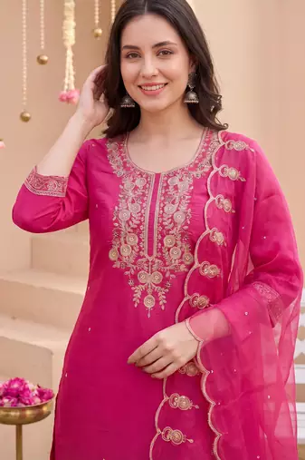 Pink embroidered silk blend kurta trouser dupatta set