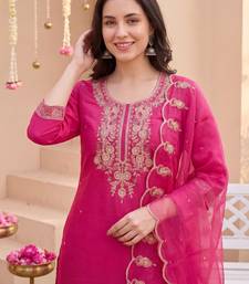 Pink embroidered silk blend kurta trouser dupatta set