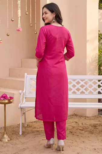 Pink embroidered silk blend kurta trouser dupatta set