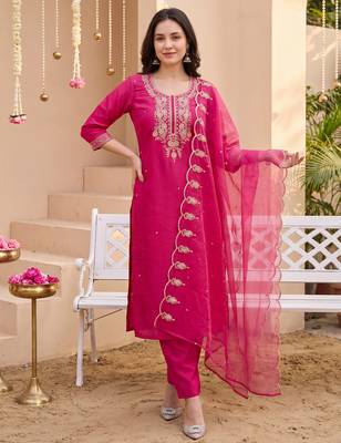 Pink embroidered silk blend kurta trouser dupatta set 1
