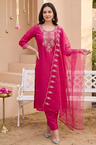 Pink embroidered silk blend kurta trouser dupatta set