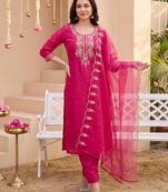 Pink embroidered silk blend kurta trouser dupatta set