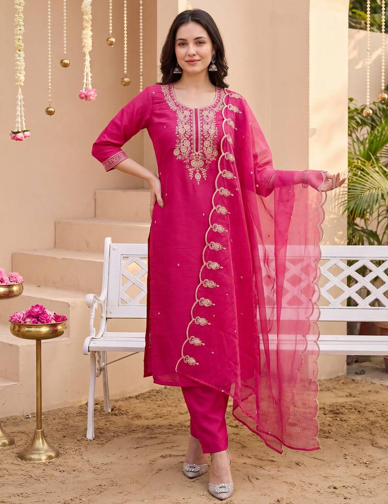 Pink embroidered silk blend kurta trouser dupatta set