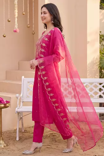 Pink embroidered silk blend kurta trouser dupatta set