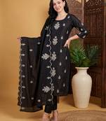 Black embroidered silk blend kurta trouser dupatta set