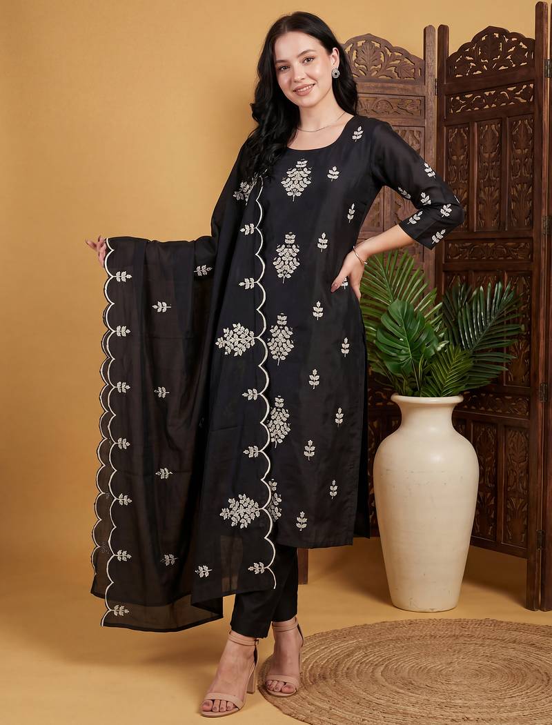 Black embroidered silk blend kurta trouser dupatta set
