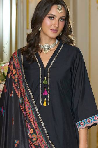 Black embroidered silk blend kurta trouser dupatta set