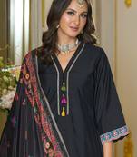 Black embroidered silk blend kurta trouser dupatta set
