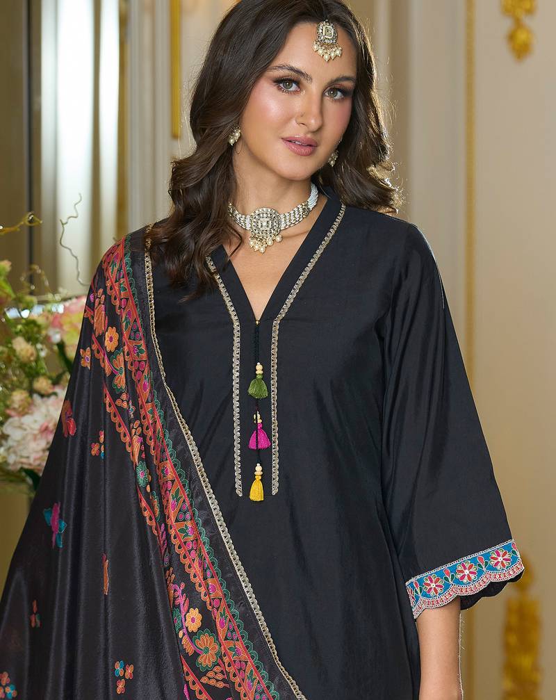 Black embroidered silk blend kurta trouser dupatta set
