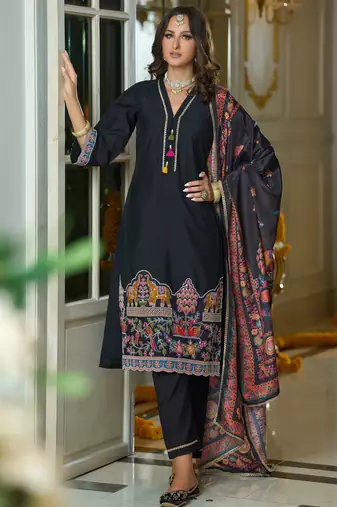Black embroidered silk blend kurta trouser dupatta set