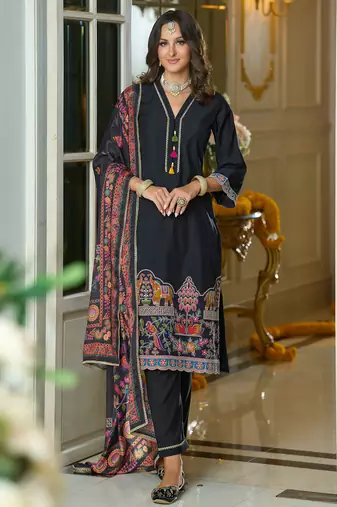 Black embroidered silk blend kurta trouser dupatta set