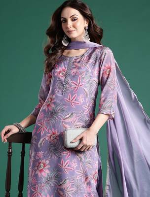 Lavender printed silk blend kurta trouser dupatta set 1