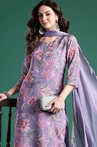 Lavender printed silk blend kurta trouser dupatta set