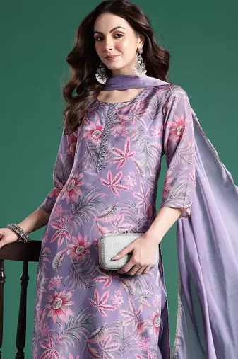 Lavender printed silk blend kurta trouser dupatta set
