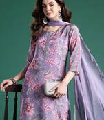 Lavender printed silk blend kurta trouser dupatta set
