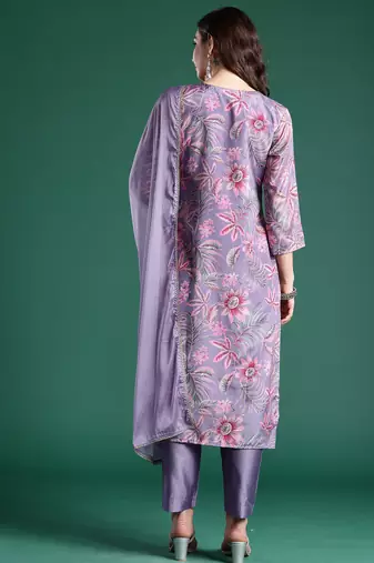 Lavender printed silk blend kurta trouser dupatta set