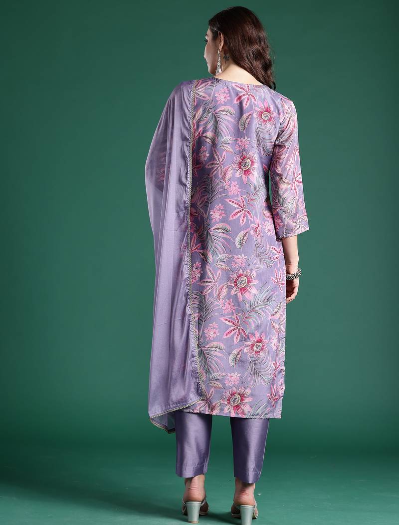 Lavender printed silk blend kurta trouser dupatta set