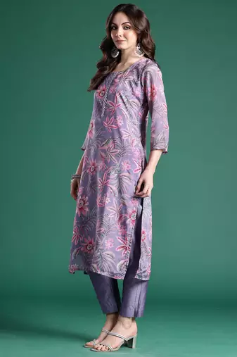 Lavender printed silk blend kurta trouser dupatta set